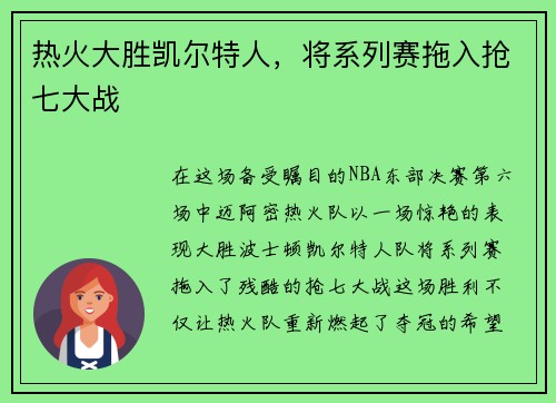 热火大胜凯尔特人，将系列赛拖入抢七大战