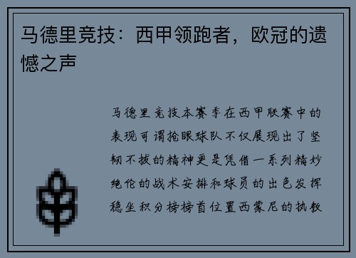 马德里竞技：西甲领跑者，欧冠的遗憾之声
