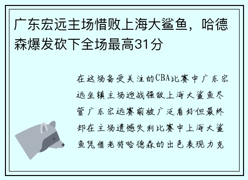 广东宏远主场惜败上海大鲨鱼，哈德森爆发砍下全场最高31分