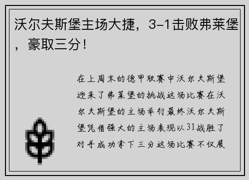 沃尔夫斯堡主场大捷，3-1击败弗莱堡，豪取三分！