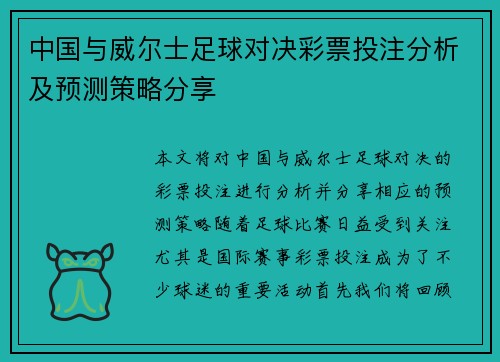 中国与威尔士足球对决彩票投注分析及预测策略分享