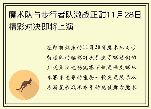 魔术队与步行者队激战正酣11月28日精彩对决即将上演
