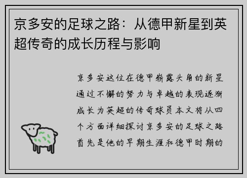 京多安的足球之路：从德甲新星到英超传奇的成长历程与影响