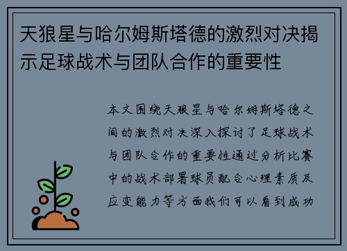 天狼星与哈尔姆斯塔德的激烈对决揭示足球战术与团队合作的重要性