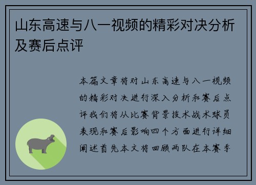山东高速与八一视频的精彩对决分析及赛后点评