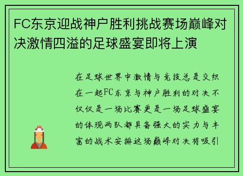 FC东京迎战神户胜利挑战赛场巅峰对决激情四溢的足球盛宴即将上演