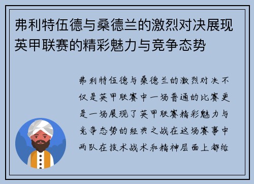 弗利特伍德与桑德兰的激烈对决展现英甲联赛的精彩魅力与竞争态势