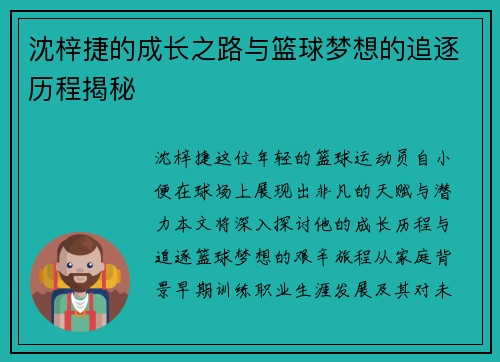 沈梓捷的成长之路与篮球梦想的追逐历程揭秘