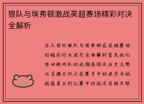 狼队与埃弗顿激战英超赛场精彩对决全解析