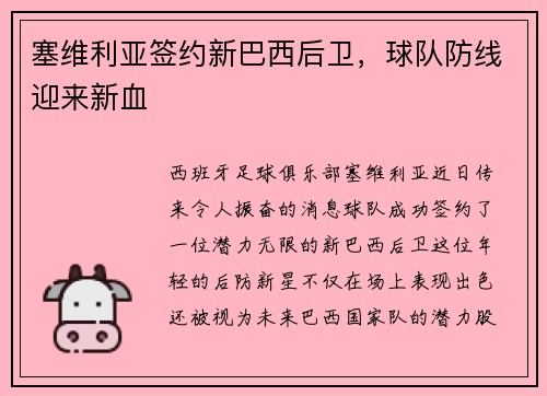 塞维利亚签约新巴西后卫，球队防线迎来新血