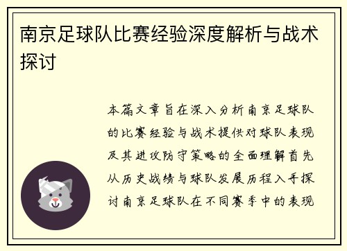 南京足球队比赛经验深度解析与战术探讨