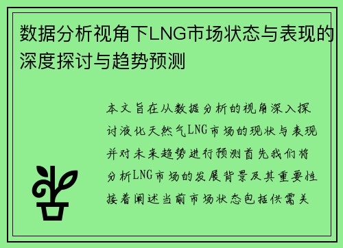 数据分析视角下LNG市场状态与表现的深度探讨与趋势预测