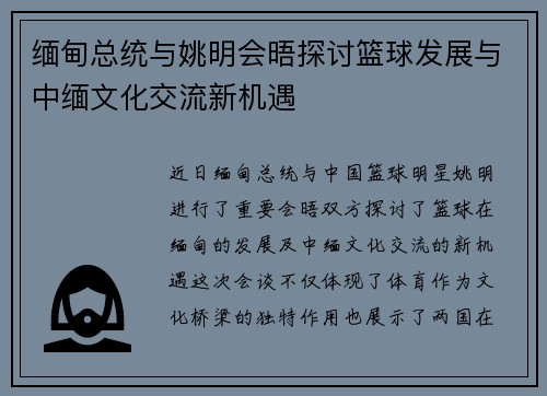 缅甸总统与姚明会晤探讨篮球发展与中缅文化交流新机遇