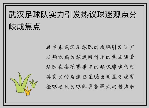 武汉足球队实力引发热议球迷观点分歧成焦点