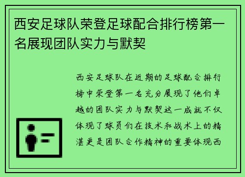 西安足球队荣登足球配合排行榜第一名展现团队实力与默契