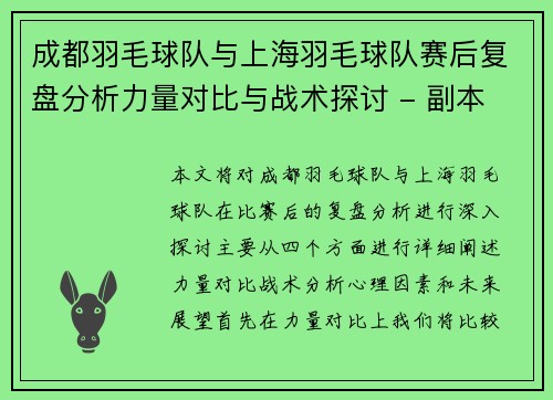 成都羽毛球队与上海羽毛球队赛后复盘分析力量对比与战术探讨 - 副本